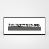 Landscape print of Northumberland countryside by designer Jacky Al-Samarraie. The print colour is grey. The print is shown in a frame for reference.